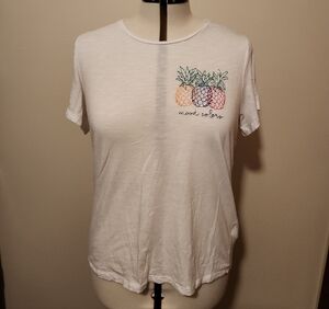 White Graphic Tee with Pineapple Embroidery